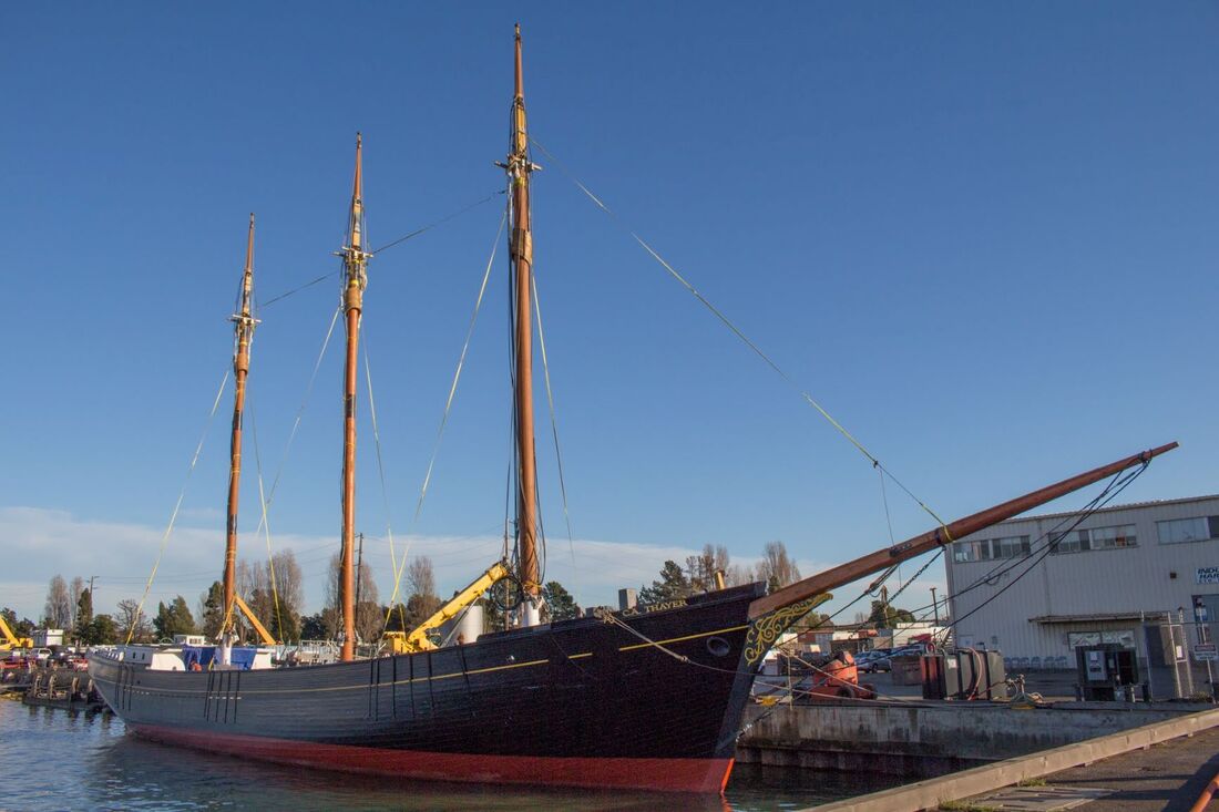 The C.A. Thayer tall ship sits adjacent to a dock with sails down