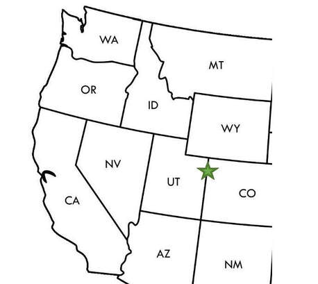 A partial map of the western United States with a green star along the border of Utah and Colorado