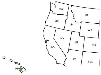 A map of the western United States with a green star marking the location of Kaloko-Honokohau on the Big Island of Hawai'i