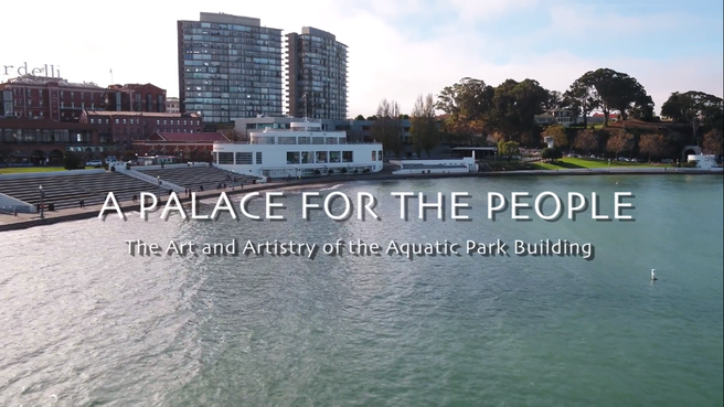 Cover shot of Aquatic Park Bathhouse from the water with the title, 