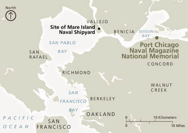 The National Park Service brochure map marking the location of Port Chicago in the San Francisco Bay Area