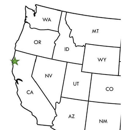 Map of the western United States with a green star marking the location of Redwood in northern California along the coast