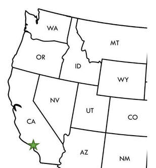 A map of the western United States with a green star located on the southern coast, marking the location of Santa Monica Mountains