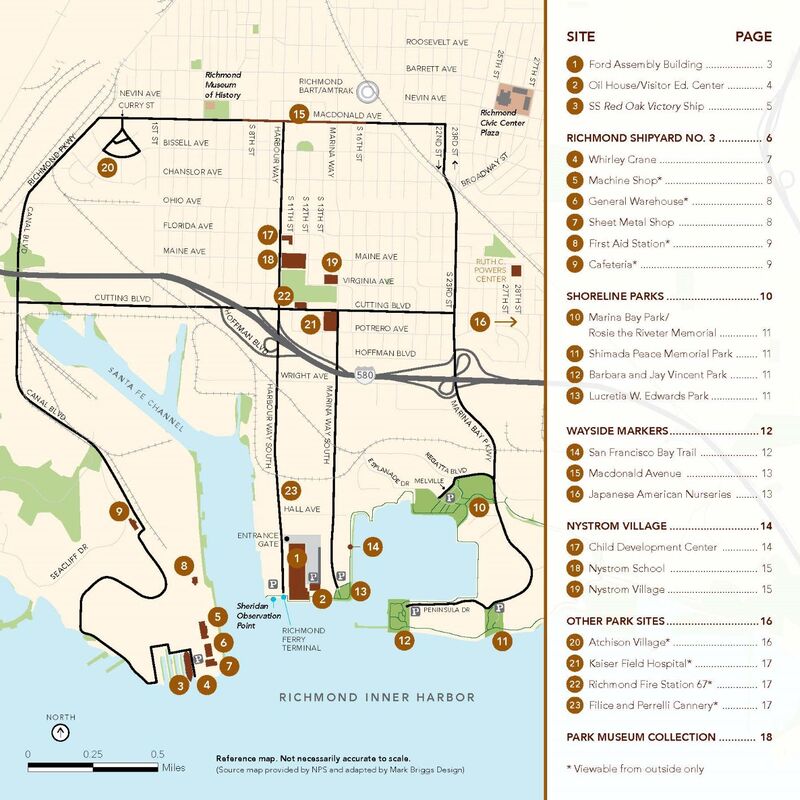 A map of the harbor area of Richmond, CA with Rosie the Riveter sites marked by number.