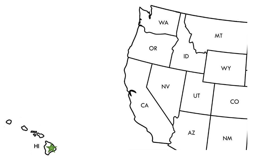 A map of the western United States with a green star on the big island of Hawai'i