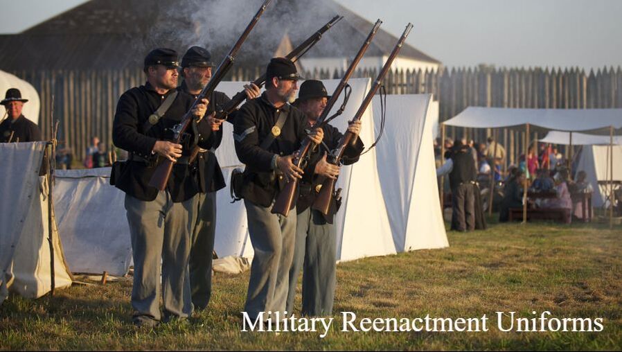 A group of individuals in historic military outfits stand in formation with guns pointing towards the air, standing in front of canvas white tents. The words 
