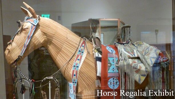 A horse mannequin adorned in various colorful adornments