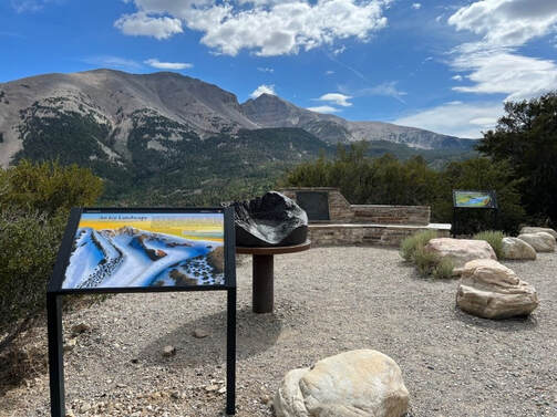 Mather Overlook at Great Basin, with views of the two new educational signs and bronze relief map and the Wheeler Cirque in the background
