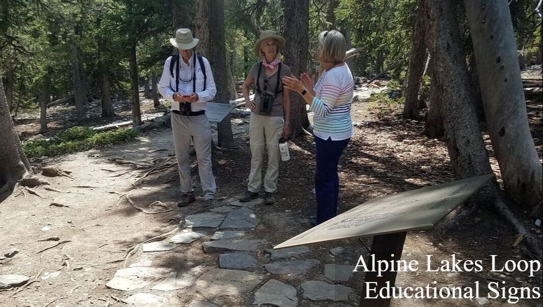 3 people stand talking to one another between two educational signs on a forested trail paved with angular rocks