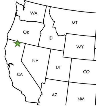 Map of the western United States with a green star located on the border of California and Oregon, marking location of Tule Lake