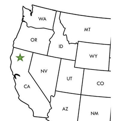 Map of the western United States with a green star marking the location of Whiskeytown in northern California