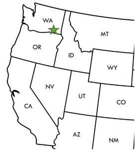 Map of the western United States with a green star marking the location of Whitman Mission in the southeast corner of Washington state