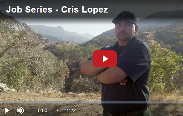 A person with arms crossed stands facing the camera in front of a mountain landscape with the words, "Job Series - Cris Lopez"