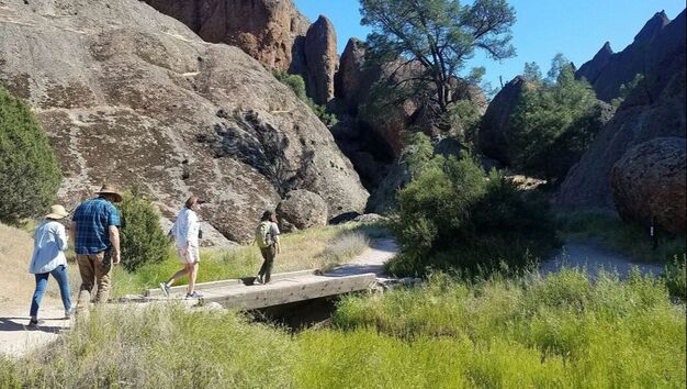 People walk over a bridge along a trail set among lush vegetation and tall rock faces and spires