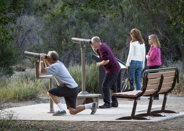 Visitors using mounted viewing scopes