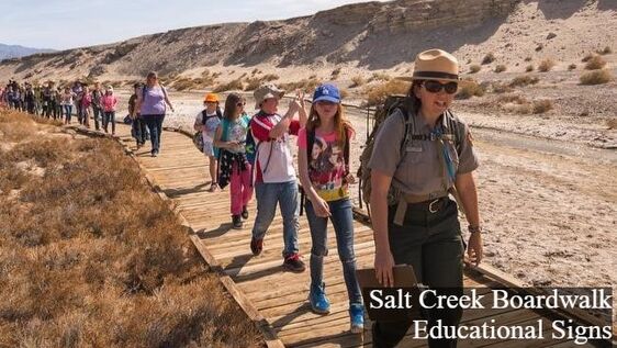 A National Park Service ranger in uniform leads a group of schoolchildren on a walk across the Salt Creek boardwalk