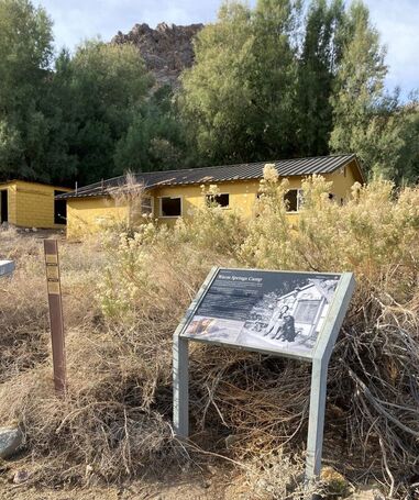 An educational sign with information on it stands in front of a yellow house and desert foliage