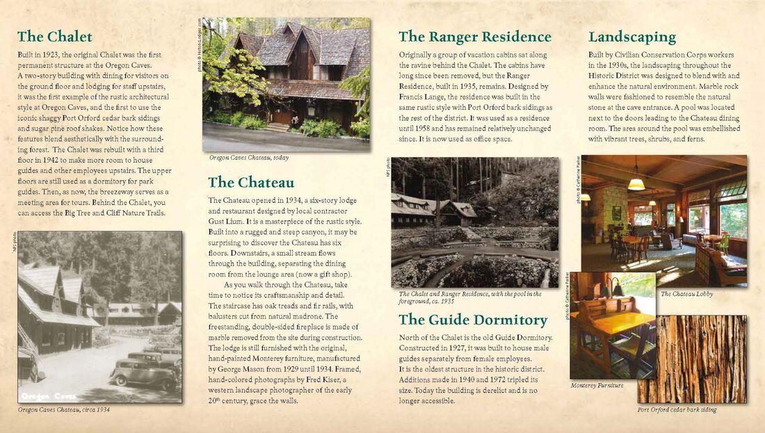 Inside of historic district brochure, including information about The Chalet and other historic buildings
