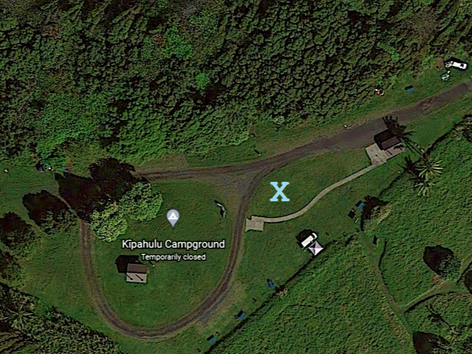 An aerial view of the Kipahulu Campground with a blue X marking the location of the future campground amphitheater