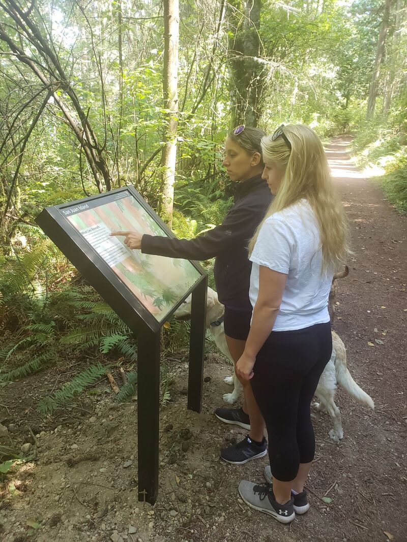 Two visitors read a wayside educational sign along a wooded trail