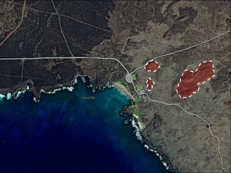 an aerial map of the Pohue Bay area, with several red and green shaded areas marking various uses of the land