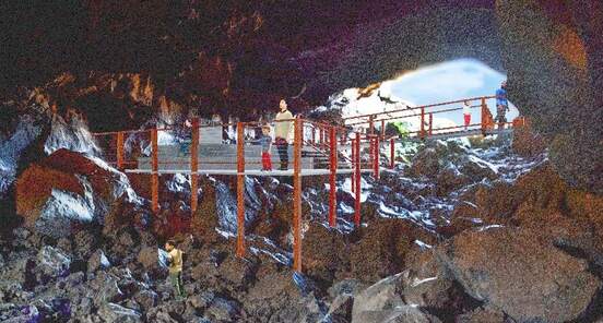 An artists rendering of people standing on a boardwalk built into an underground lava tube