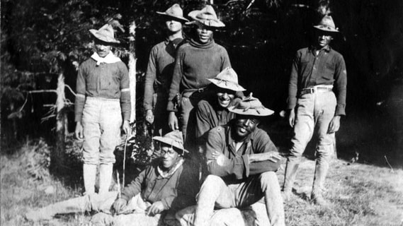 A historic black and white image of a group of U.S. Army 