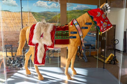 A horse mannequin at the Nez Perce National Historical Park is adorned with traditional Nimiipuu regalia