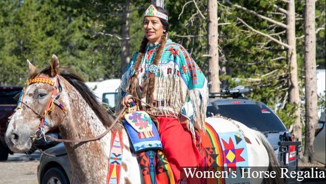 A person rides a horse, both adorned in colorful, beaded textiles