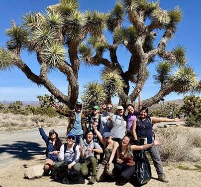 A group of smiling people faces the camera, some with arms exuberantly in the air, all with a giant Joshua tree behind them