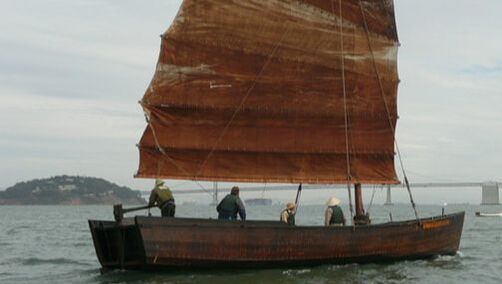 The historic shrimp junk (ship), Grace Quan, sails on San Francisco Bay