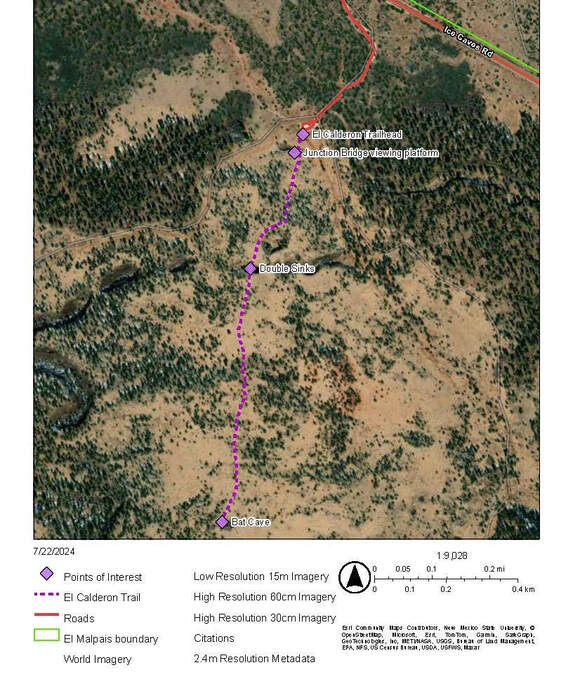 Map of El Calderon Trail with planned locations for educational signs