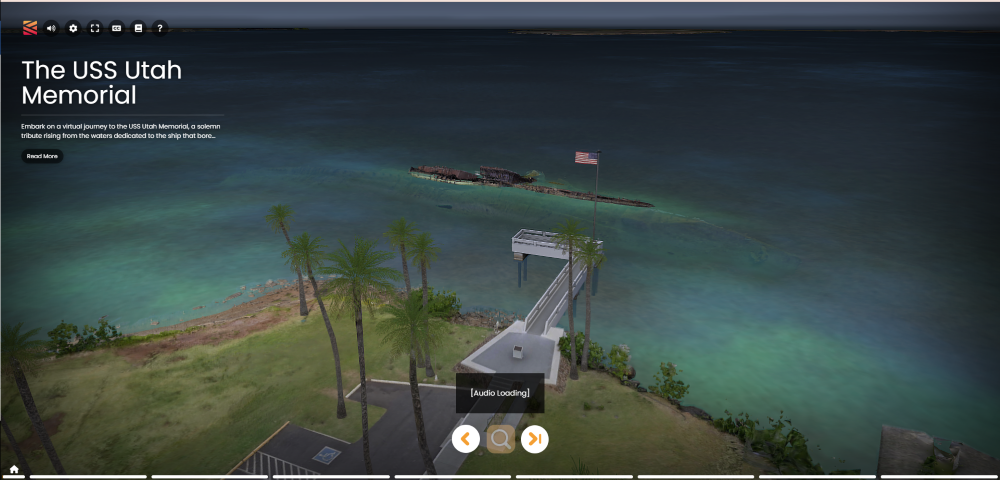 A screenshot of the USS Utah Memorial virtual experience, it shows a digitized scene of an island shore with palm trees, a dock with an American flagpole, and the remains of a ship half submerged in the water just off shore