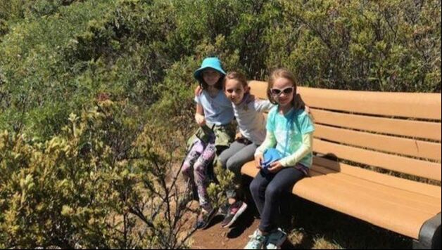 Three children sit on a bench in a lush green landscape